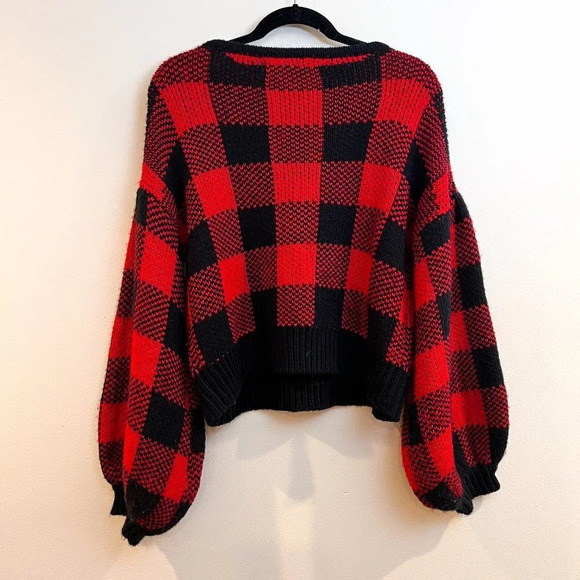 Jen's Pirate Booty Plaid Red Scoop Neck Holiday Balloon Sleeve Bohemian Sweater - Picture 7 of 8